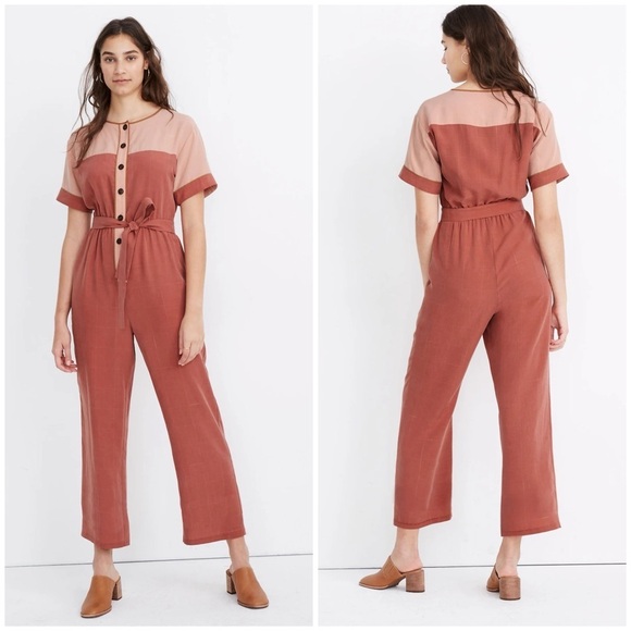 Madewell Colorblock Short-Sleeve Belted Jumpsuit Weathered Brick Sz M NWT
